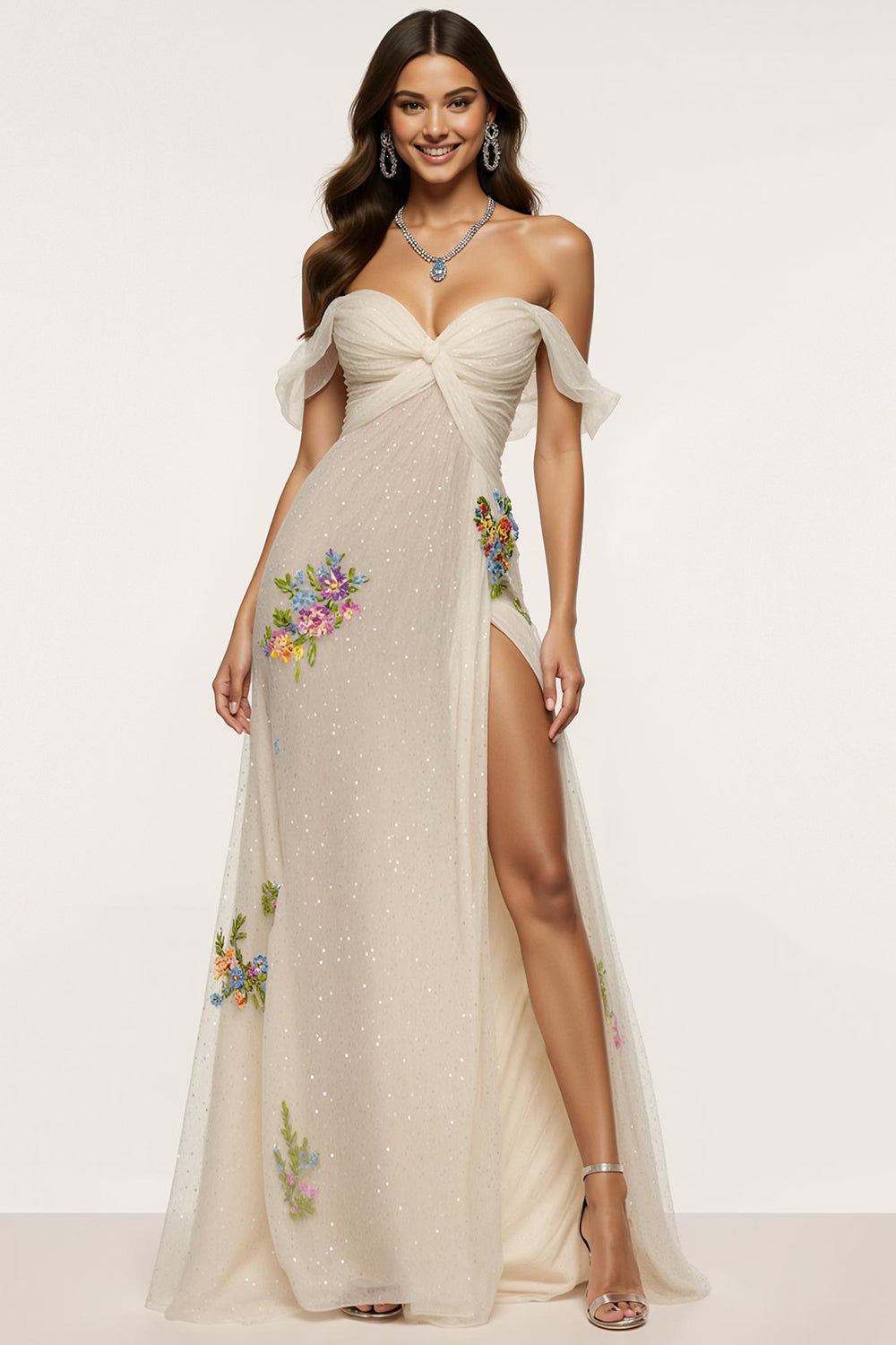 Off The Shoulder Ivory Appliqued Floral Prom Dress With Slit