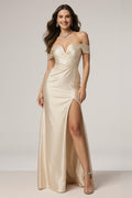 Off The Shoulder Champagne Ruched Sheath Formal Dress