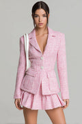 Pink 2-Piece Tweed Notched Lapel Skirt Suits