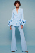 Blue 2-Piece Notched Lapel Women Suits With Ruffle Sleeves