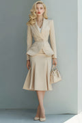 Light Khaki Peak Lapel Long Sleeve 2 Piece Skirt Suits