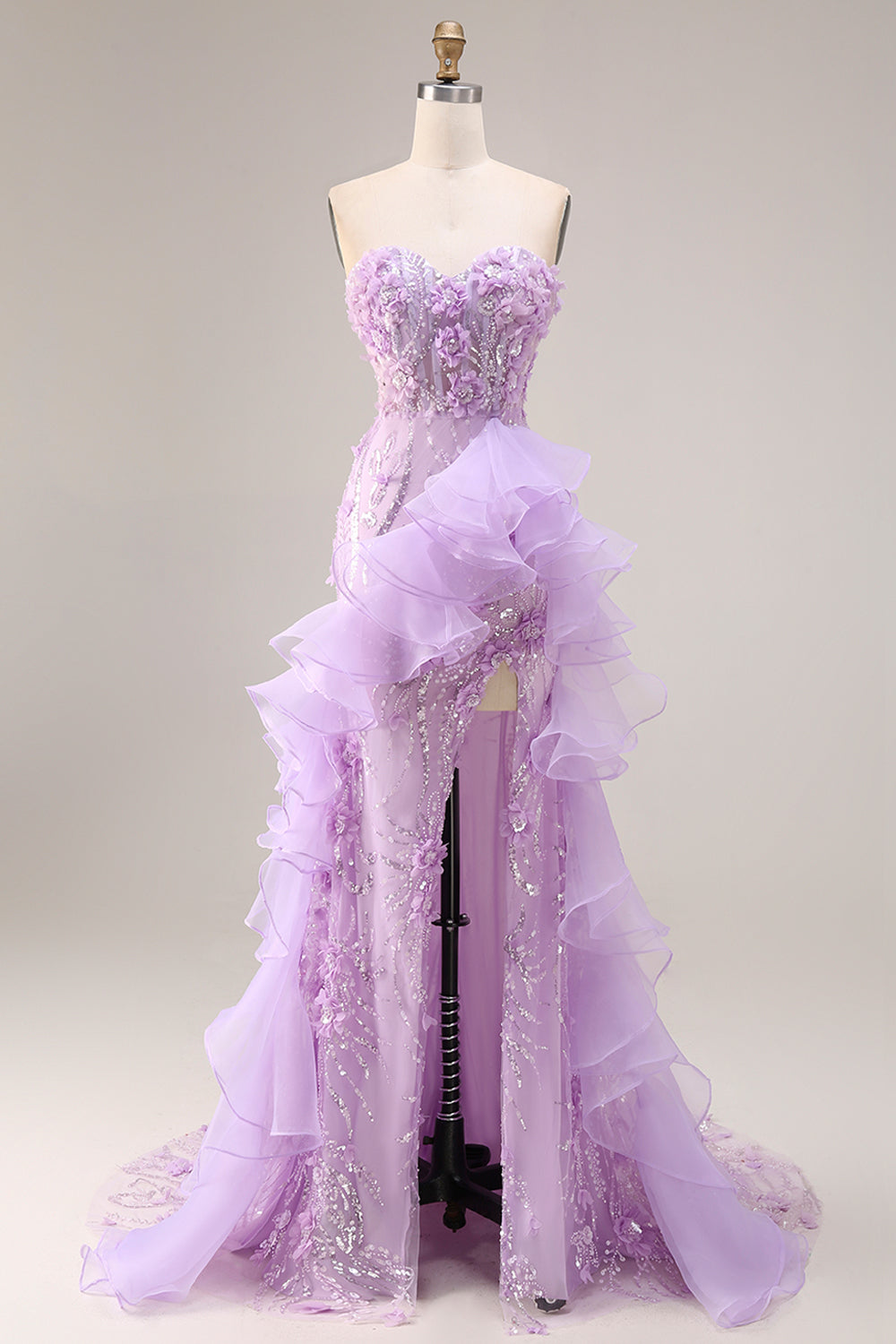 Sparkly Lilac Strapless Mermaid Corset Prom Dress with Ruffles