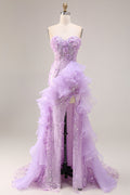 Sparkly Lilac Strapless Corset Prom Dress with Ruffles