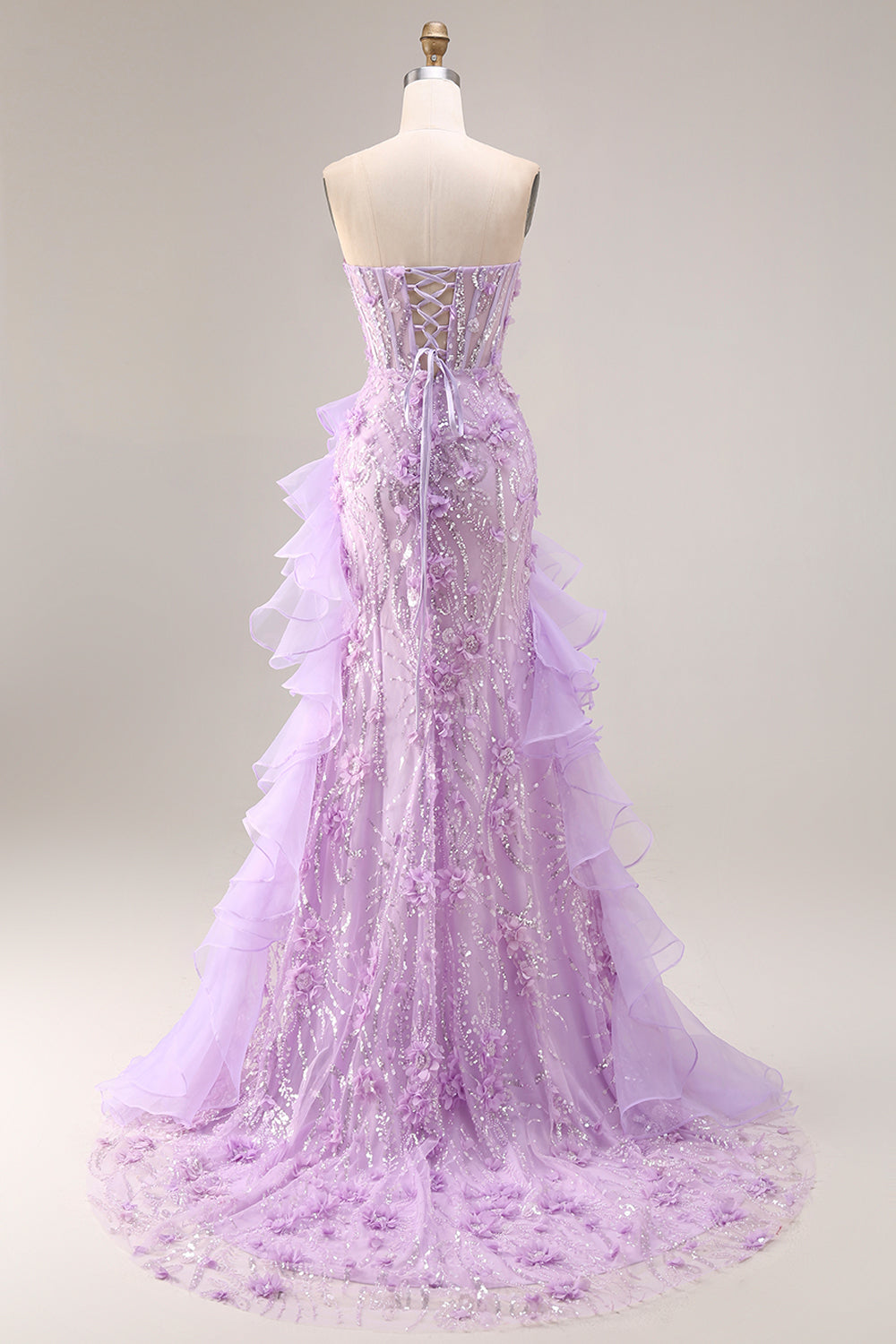 Sparkly Lilac Strapless Mermaid Corset Prom Dress with Ruffles