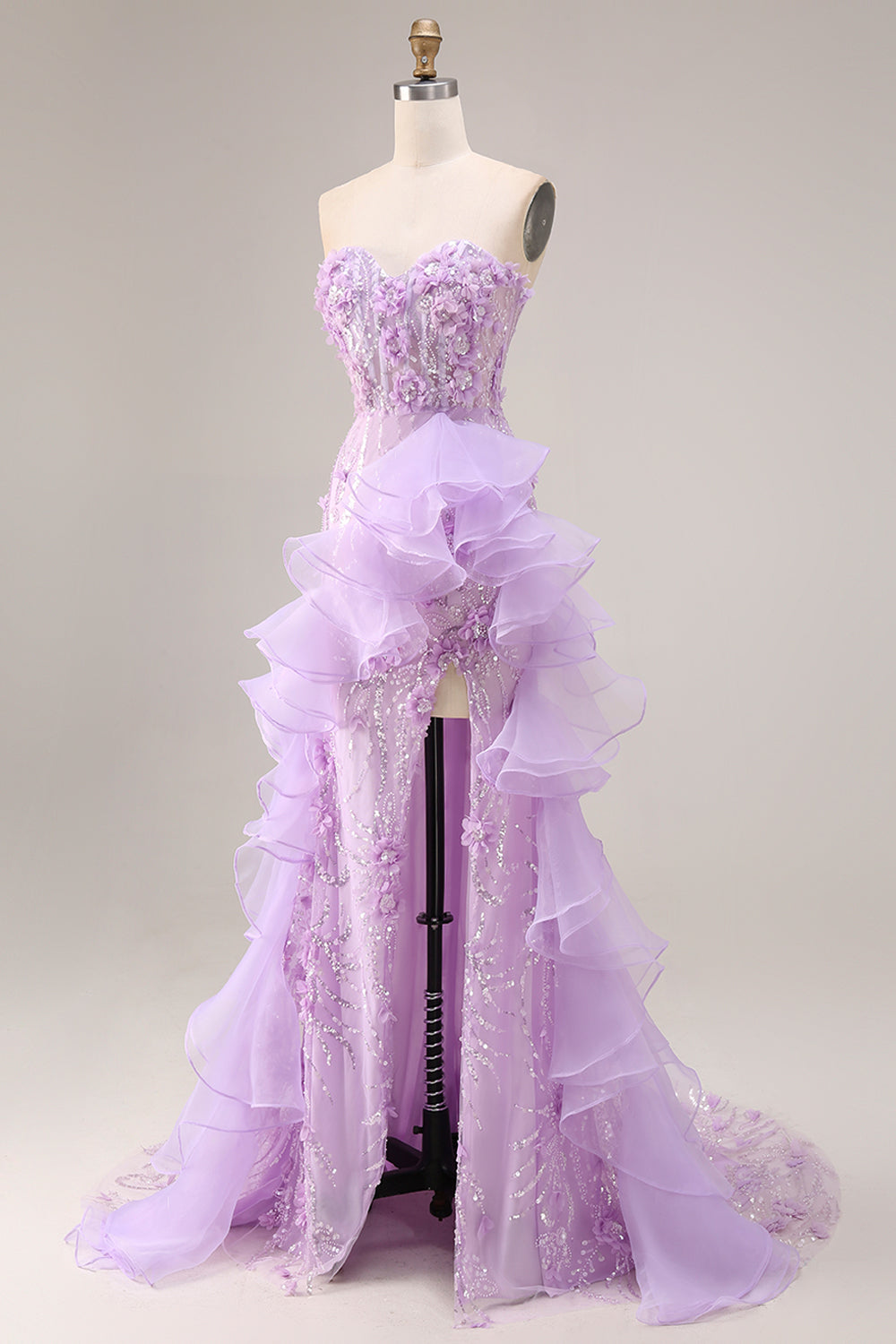 Sparkly Lilac Strapless Corset Prom Dress with Ruffles