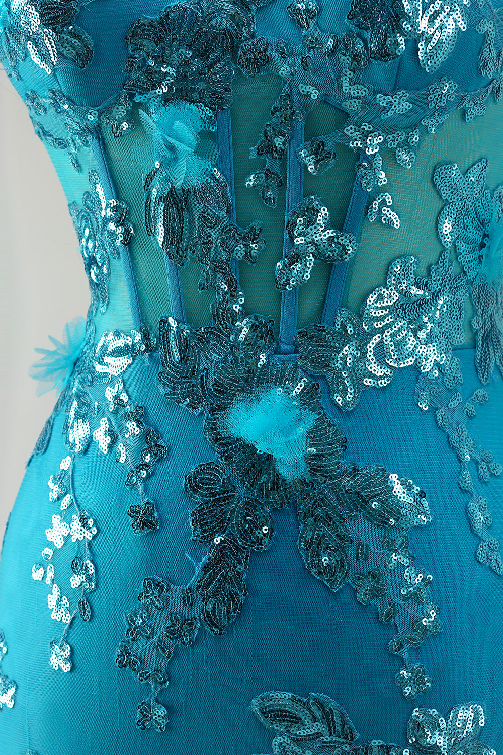 Strapless Blue Mermaid Ruffle Corset Prom Dress With Appliques