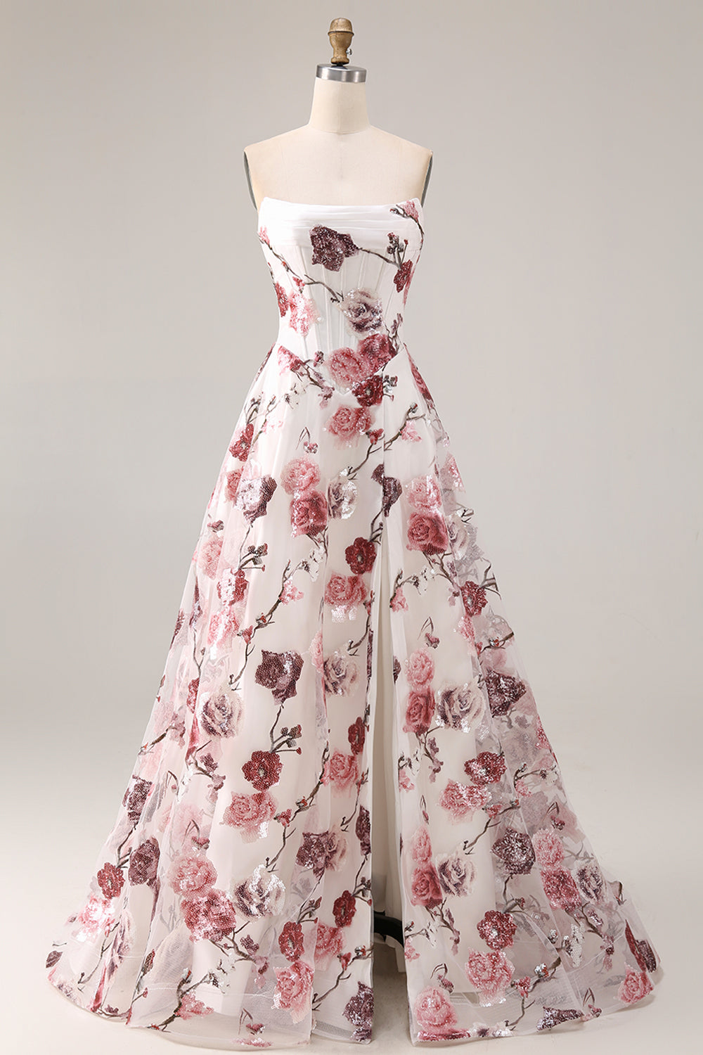 Strapless Corset A Line White Red Floral Sequin Prom Dress