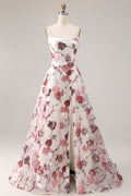 Strapless White Red Floral Corset Sequin A Line Prom Dress