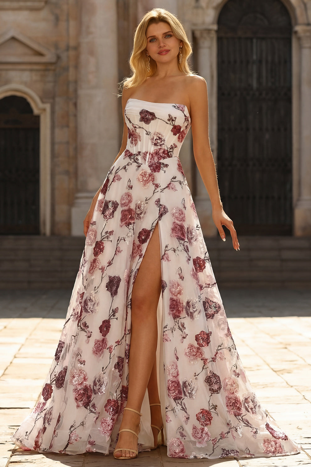 Strapless Corset A Line White Red Floral Sequin Prom Dress