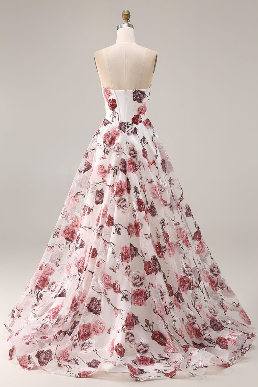 Strapless Corset A Line White Red Floral Sequin Prom Dress
