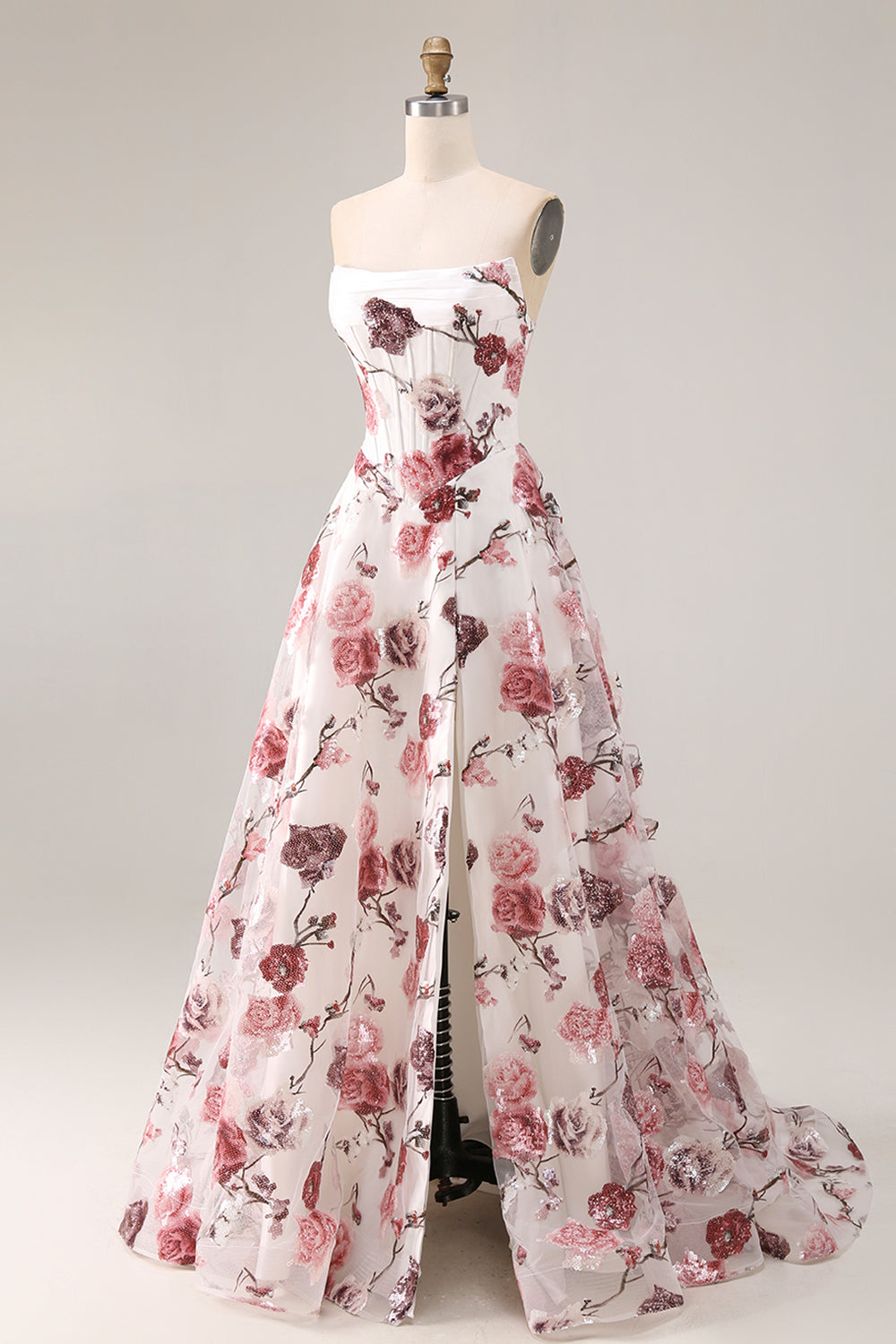 Strapless White Red Floral Corset Sequin A Line Prom Dress