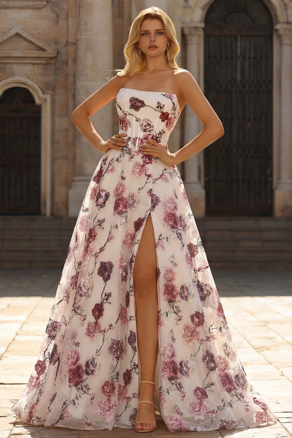 Strapless White Red Floral Corset Sequin A Line Prom Dress