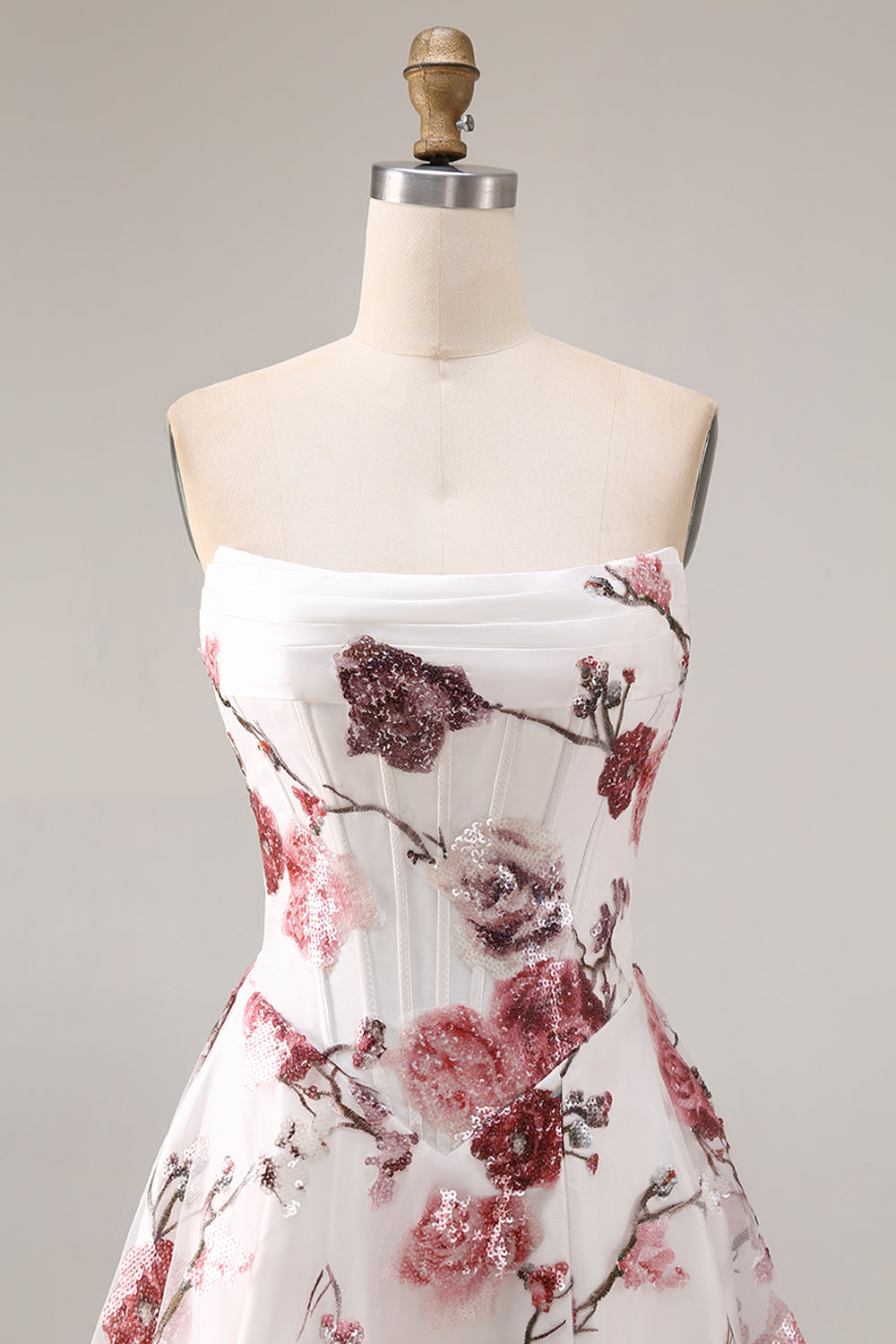 Strapless White Red Floral Corset Sequin A Line Prom Dress