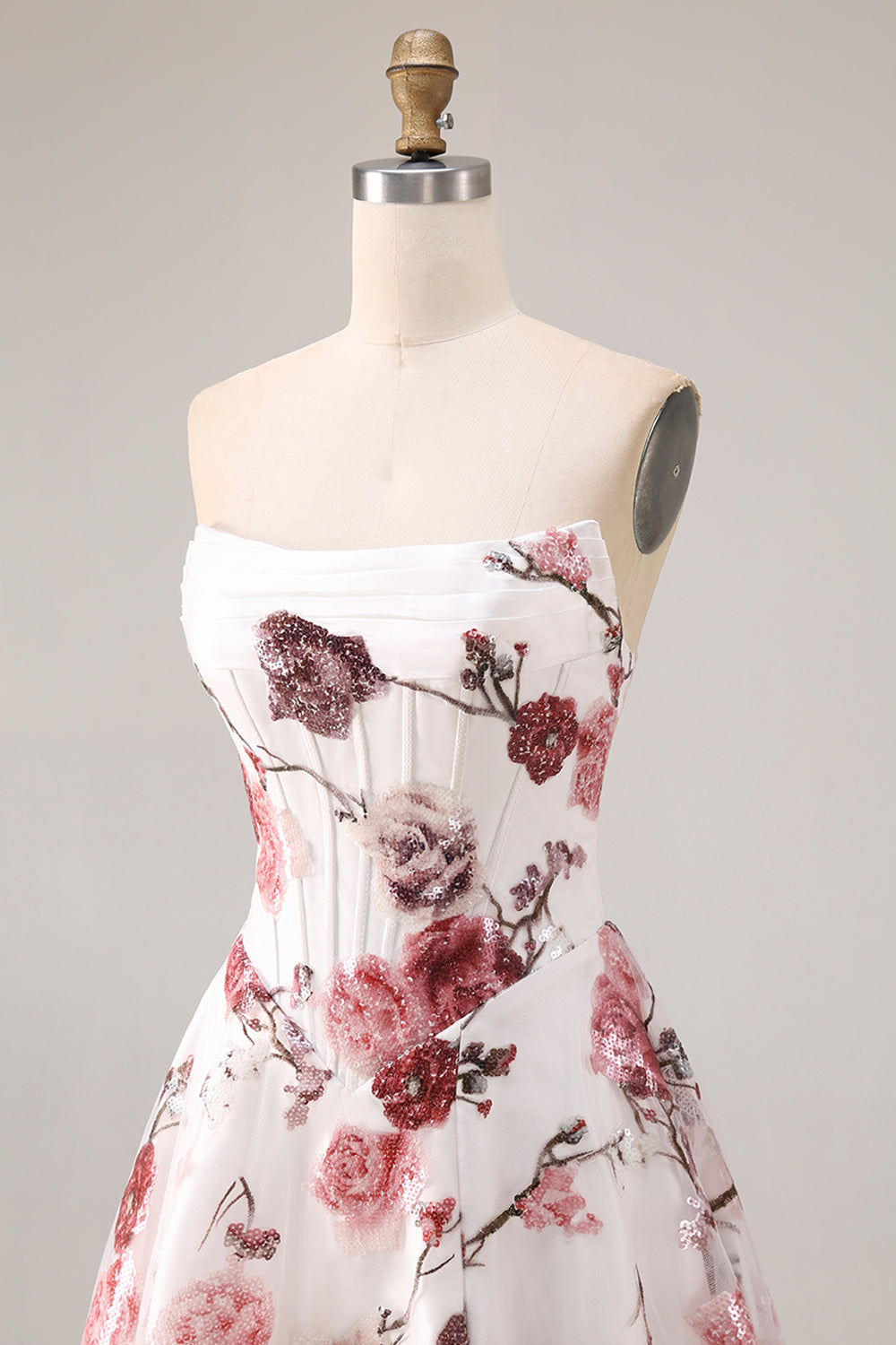 Strapless White Red Floral Corset Sequin A Line Prom Dress