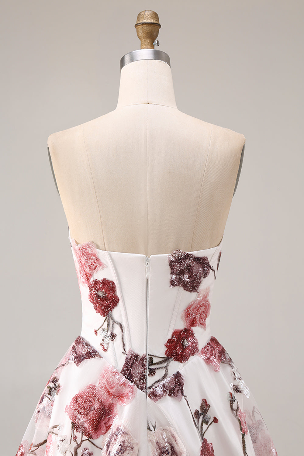 Strapless White Red Floral Corset Sequin A Line Prom Dress