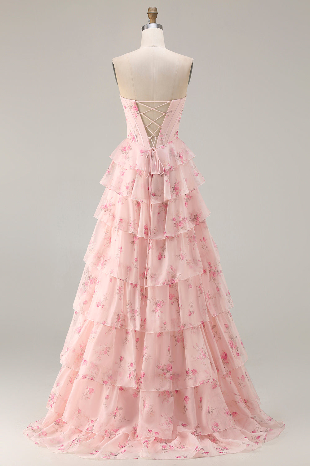 Floral Strapless Yellow A-Line Tiered Corset Prom Dress With Slit