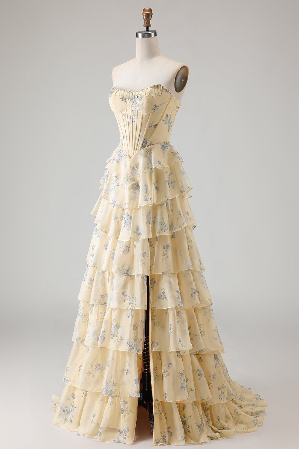 Floral Strapless Yellow A-Line Tiered Corset Prom Dress With Slit