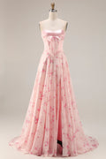 Pink Red Floral Strapless Corset A Line Prom Dress