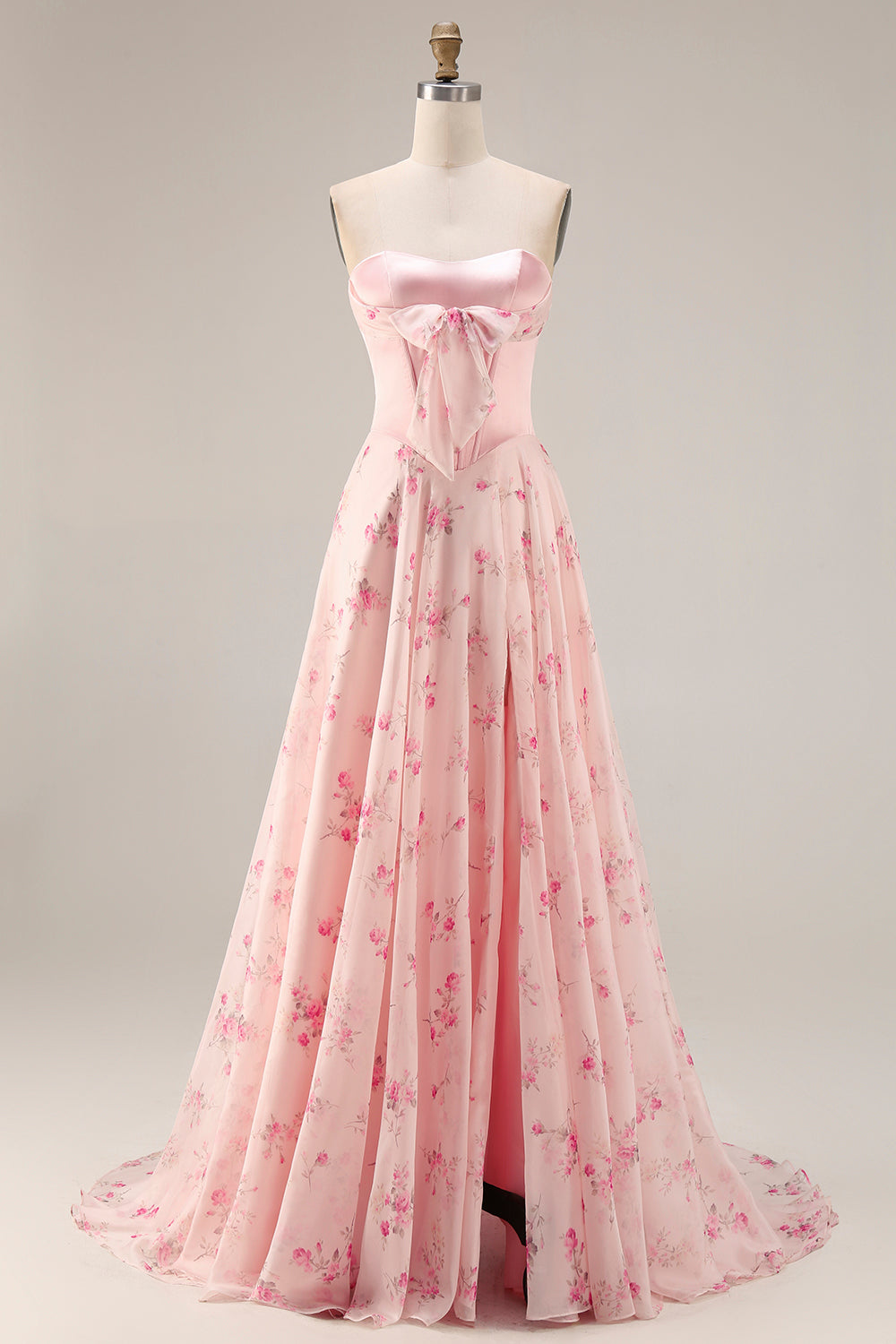 Pink Red Floral Strapless Corset A Line Prom Dress