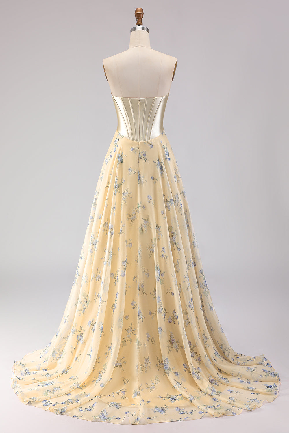 Yellow Blue Floral Strapless Corset A Line Prom Dress