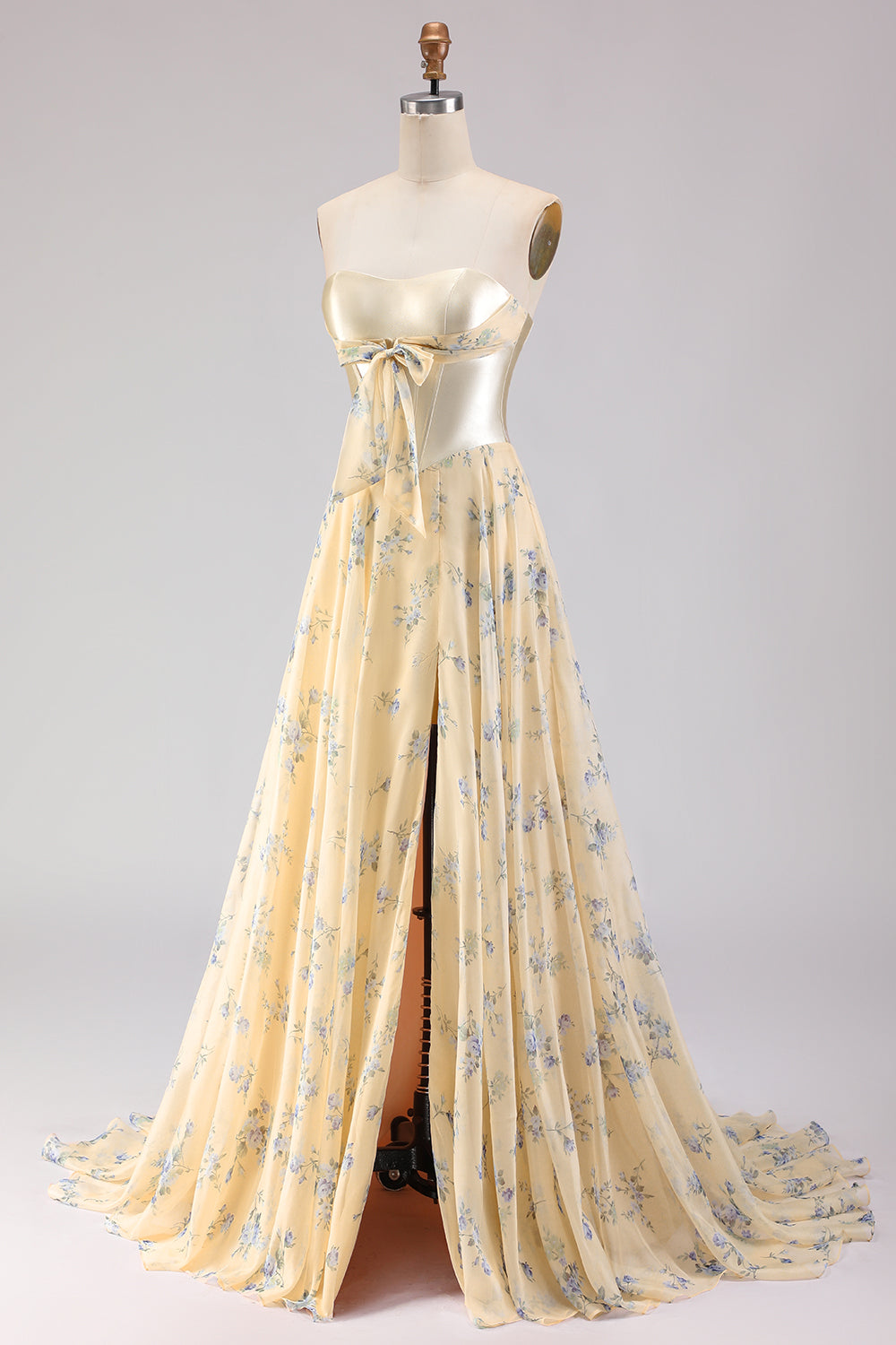 Yellow Blue Floral Strapless Corset A Line Prom Dress