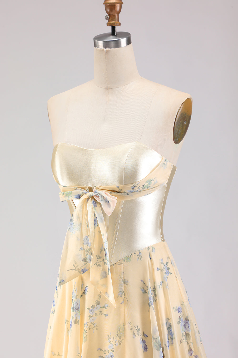 Yellow Blue Floral Strapless Corset A Line Prom Dress