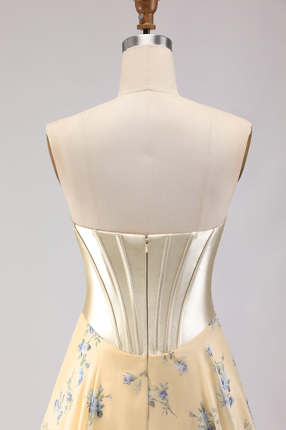 Yellow Blue Floral Strapless Corset A Line Prom Dress