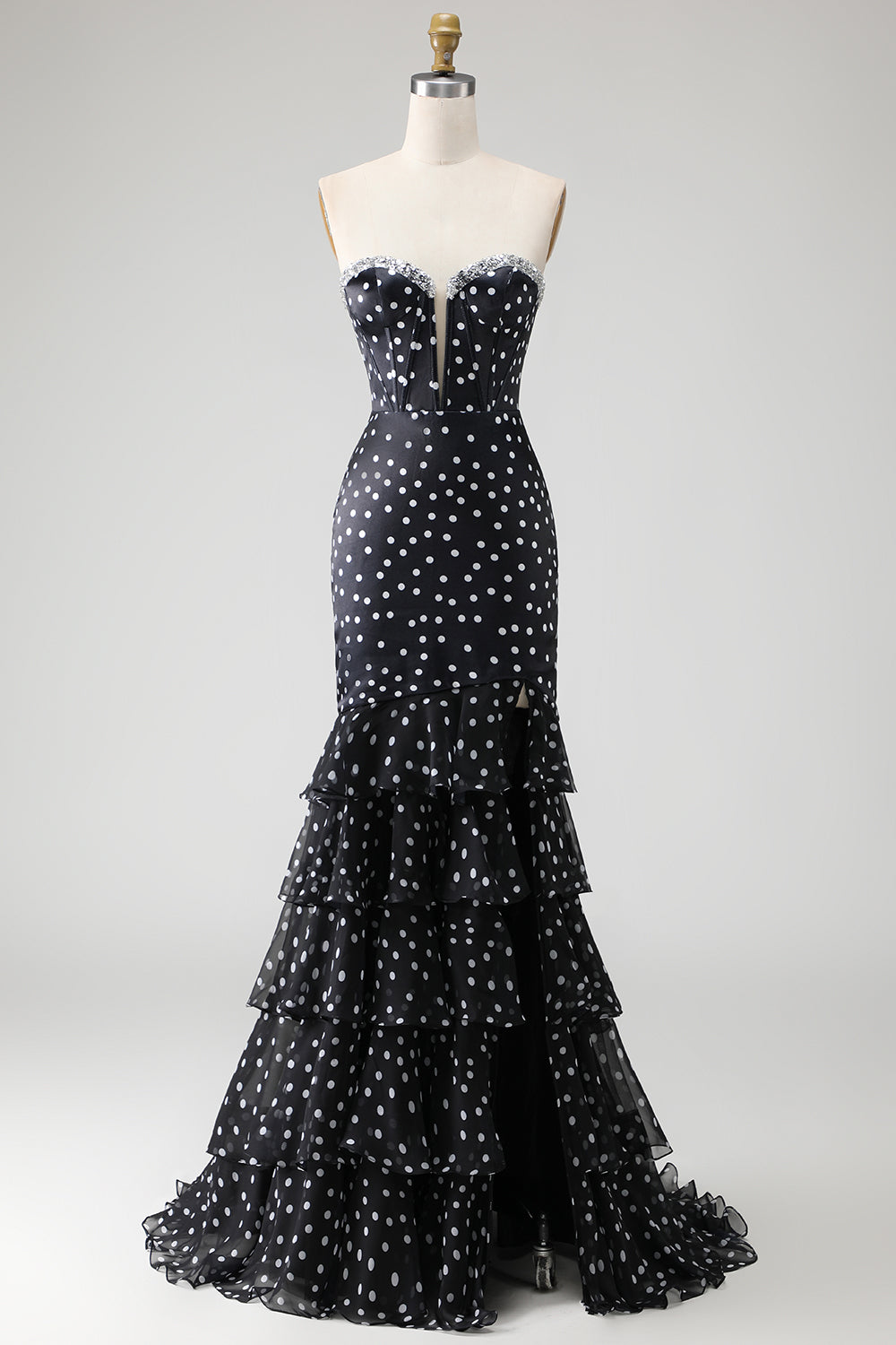 Strapless Black White Dot Corset Tiered Mermaid Prom Dress With Slit