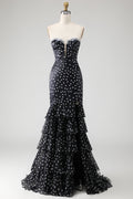 Strapless Black White Dot Corset Tiered Mermaid Prom Dress With Slit