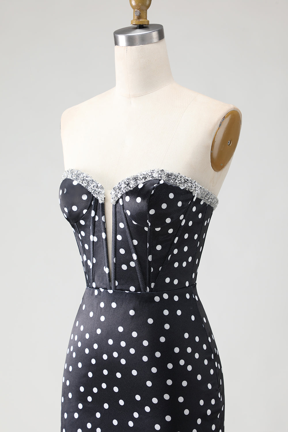 Strapless Black White Dot Corset Tiered Mermaid Prom Dress With Slit