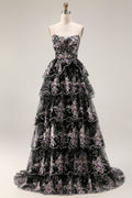 Sparkly Tiered Black Pink Floral Strapless Appliqued Prom Dress