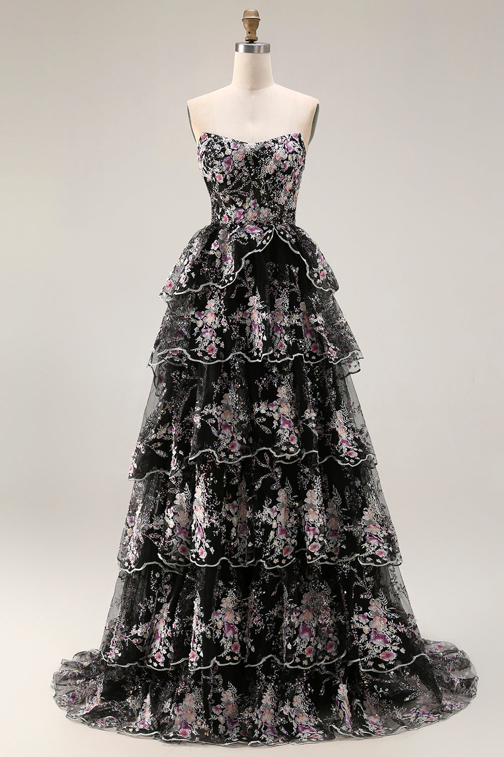 Sparkly Tiered Black Pink Floral Strapless Appliqued Prom Dress