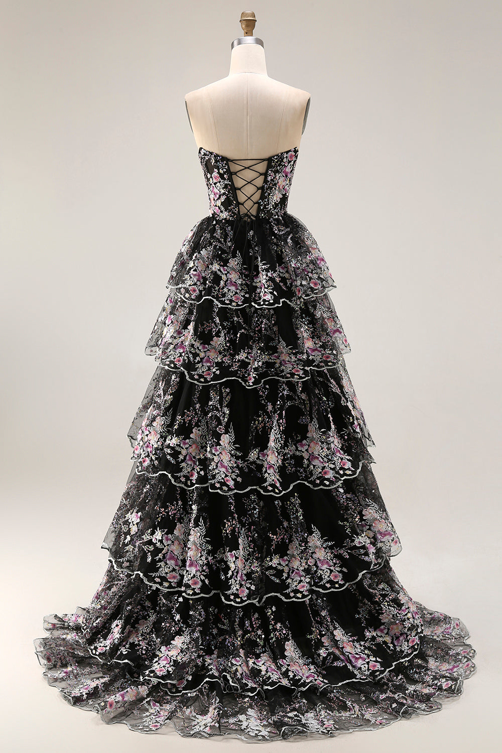 Sparkly Tiered Black Pink Floral Strapless Corset Prom Dress