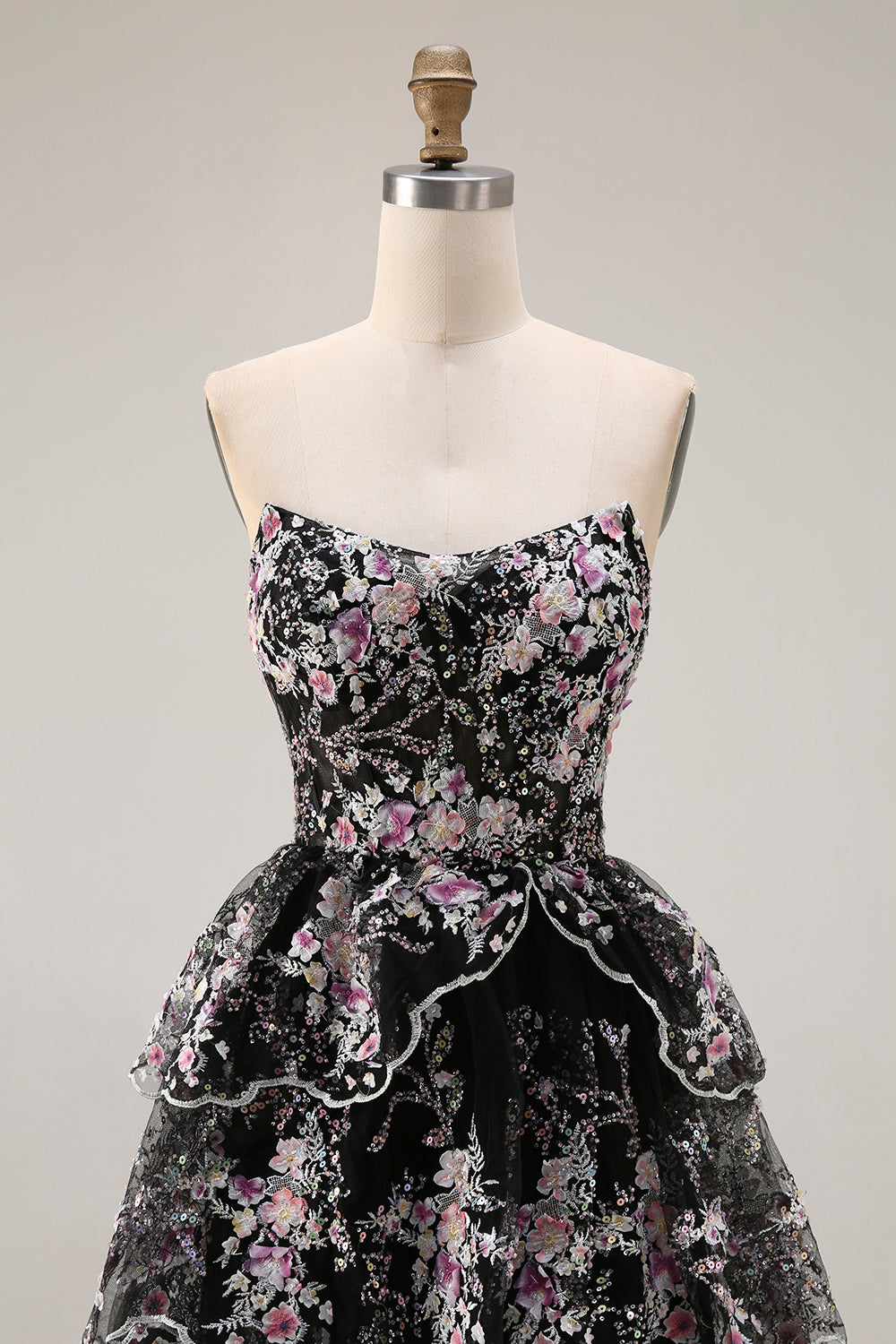 Sparkly White Pink Floral Tiered Strapless Appliqued Prom Dress