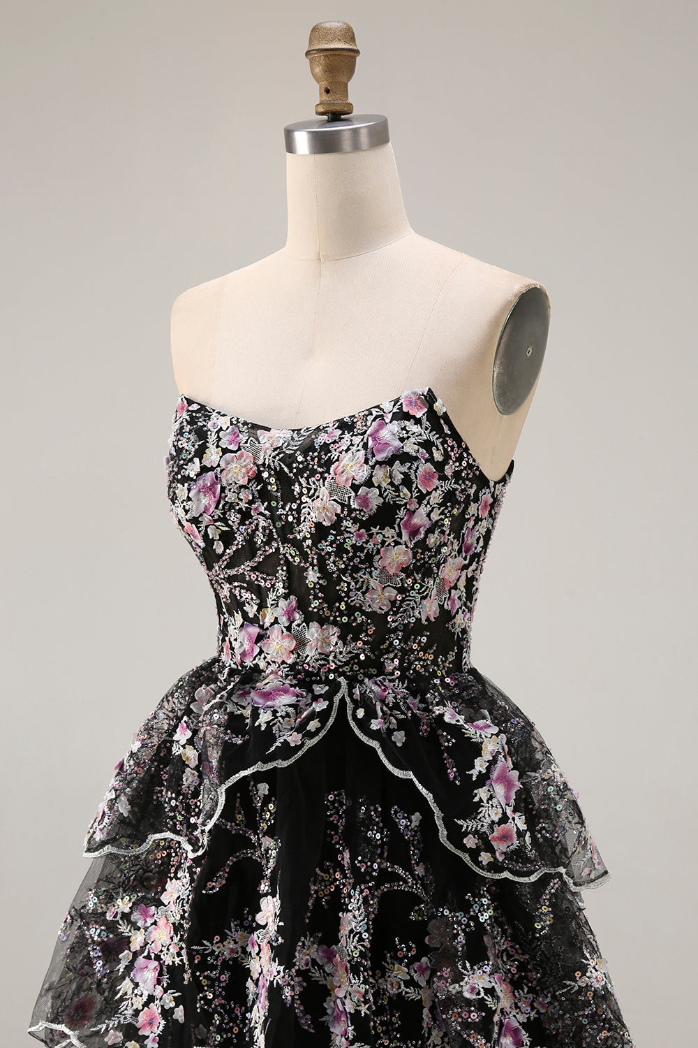 Sparkly White Pink Floral Tiered Strapless Appliqued Prom Dress