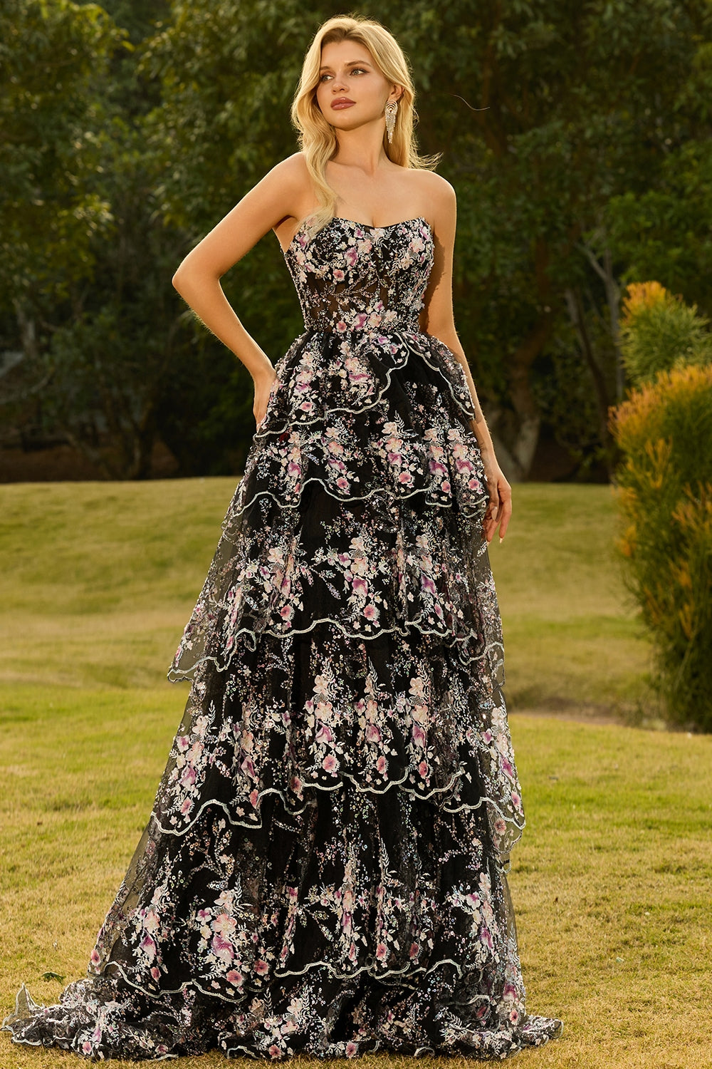 Sparkly White Pink Floral Strapless Tiered Appliqued Prom Dress