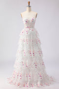 Sparkly White Pink Floral Strapless Tiered Appliqued Prom Dress