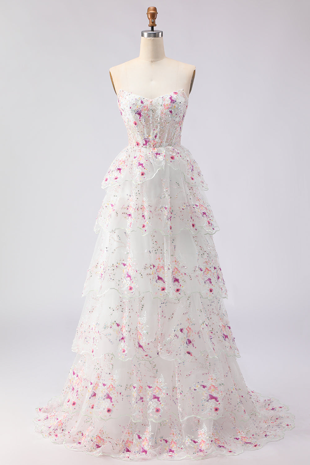 Sparkly White Pink Floral Strapless Tiered Appliqued Prom Dress