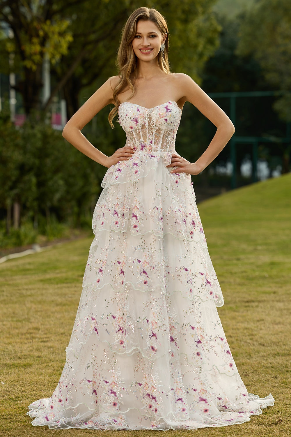 Sparkly White Pink Floral Strapless Tiered Appliqued Prom Dress