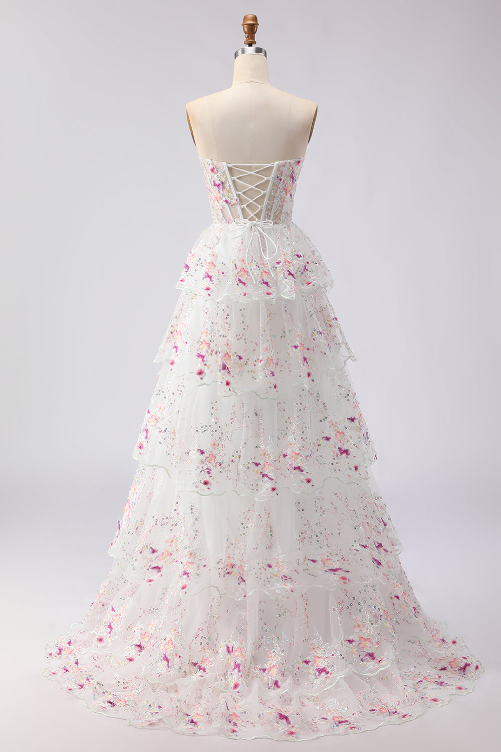 Sparkly White Pink Floral Strapless Tiered Appliqued Prom Dress