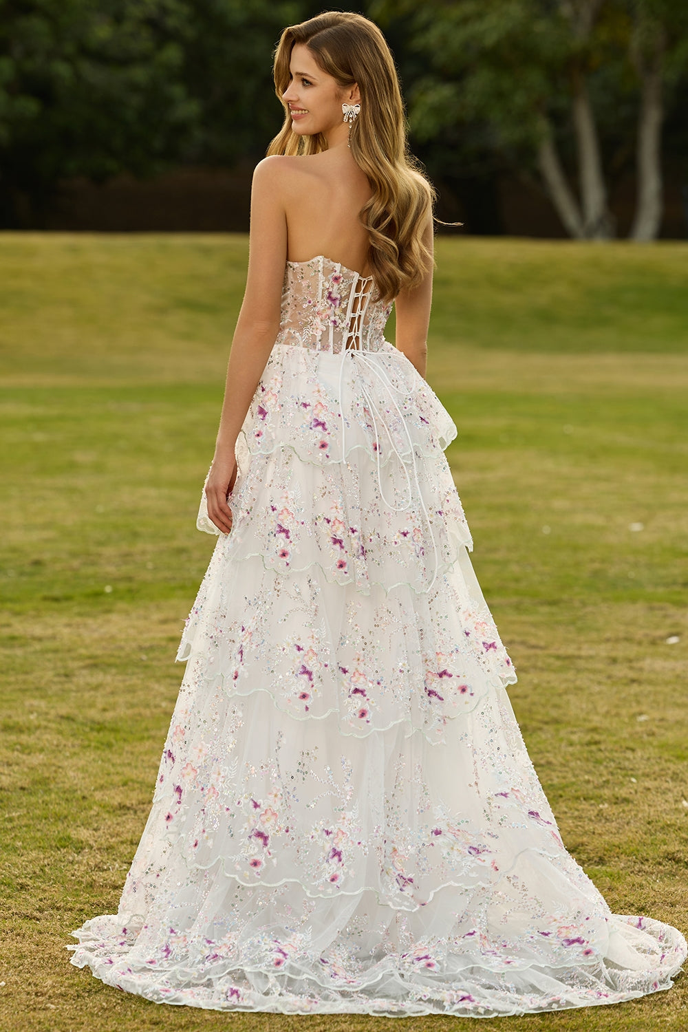 Sparkly Tiered Black Pink Floral Strapless Corset Prom Dress