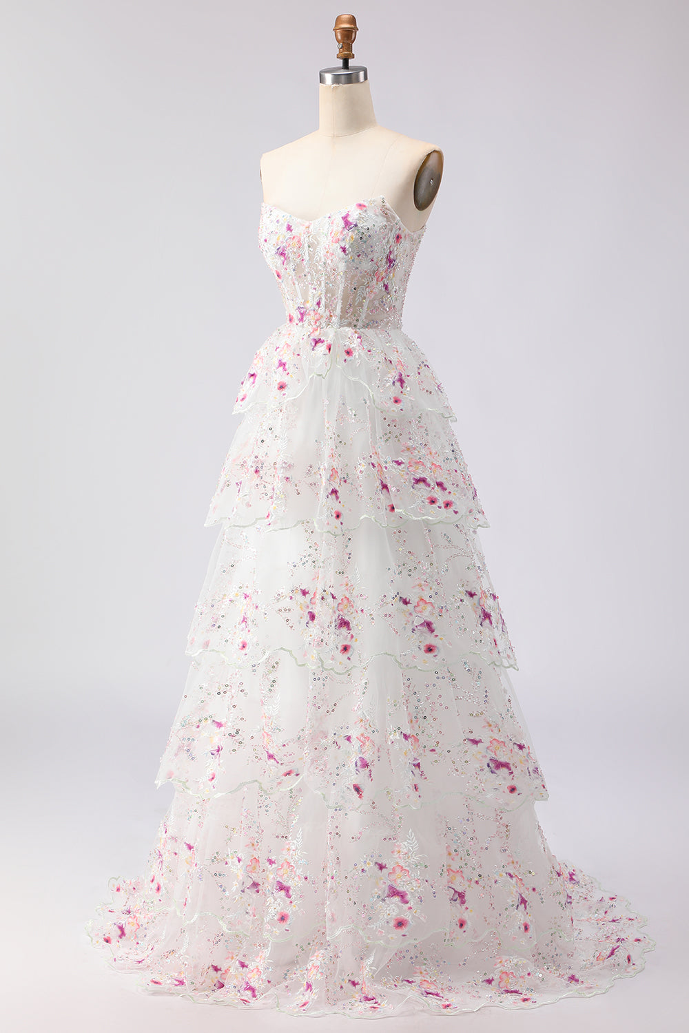 Sparkly Tiered Black Pink Floral Strapless Appliqued Prom Dress