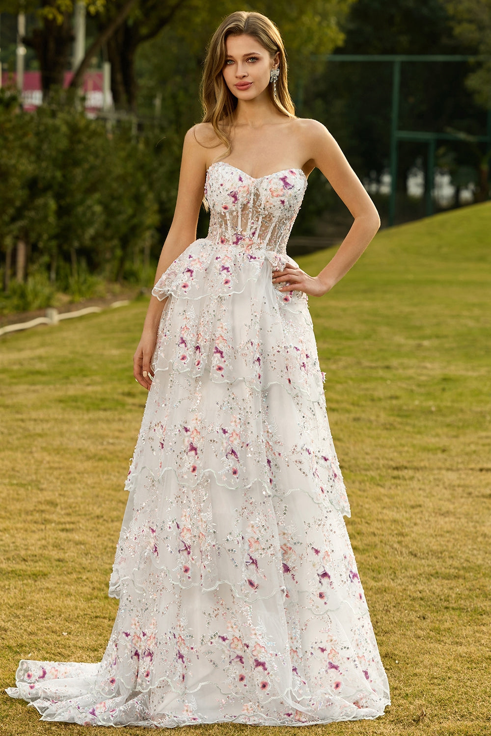 Sparkly White Pink Floral Strapless Tiered Appliqued Prom Dress