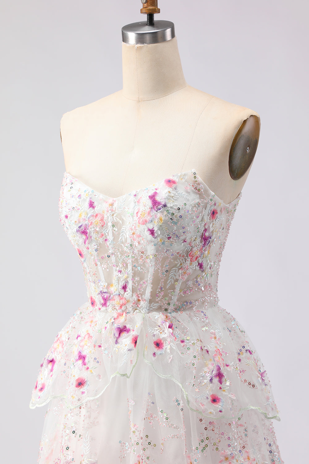 Sparkly Tiered Black Pink Floral Strapless Appliqued Prom Dress