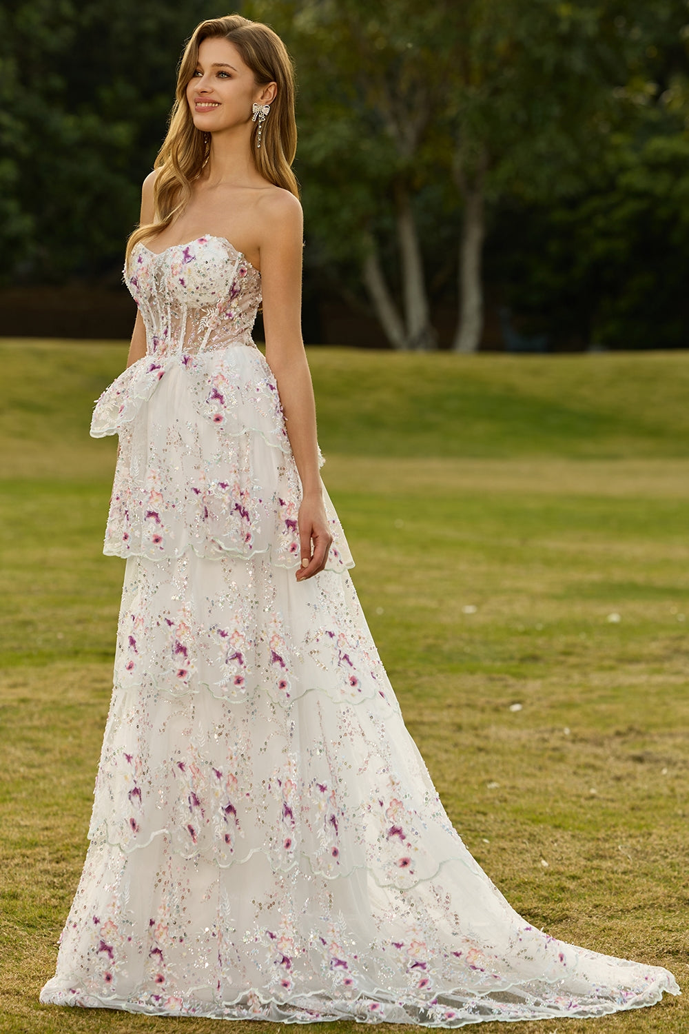 Sparkly White Pink Floral Strapless Tiered Appliqued Prom Dress