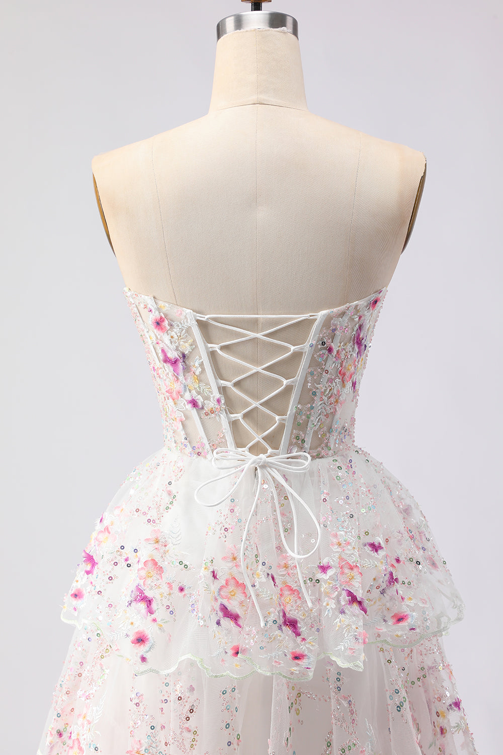 Sparkly White Pink Floral Tiered Strapless Appliqued Prom Dress