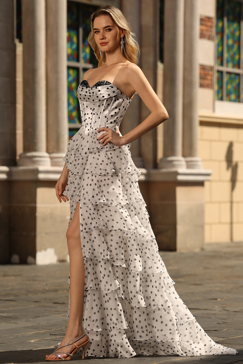 Black White Dot Corset Sweetheart Tiered Prom Dress With Slit