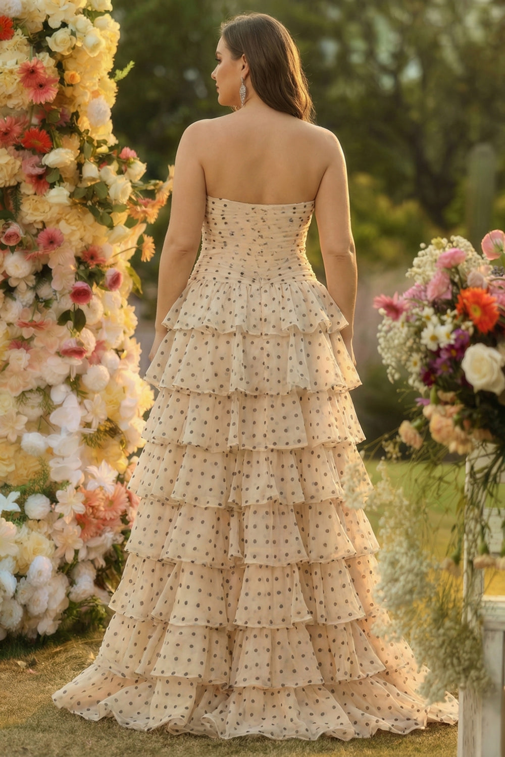 Apricot Black Polka Dot Plus Size Tiered Cut Out Prom Dress