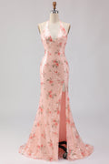 Sparkly Blush Floral Halter Mermaid Cut Out Prom Dress