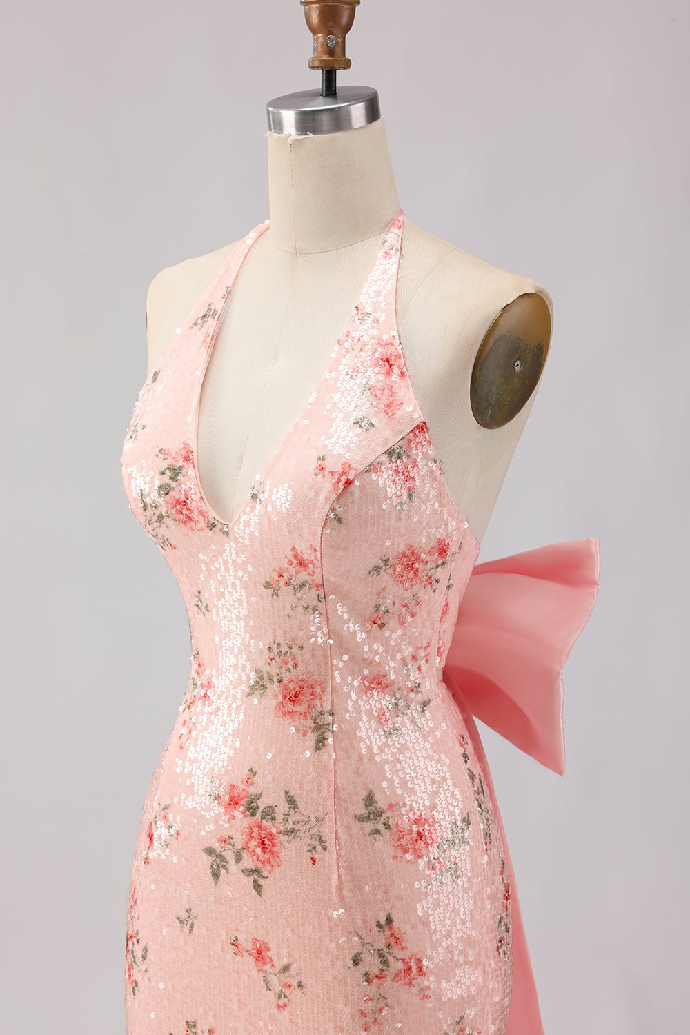 Sparkly Blush Floral Halter Mermaid Cut Out Prom Dress